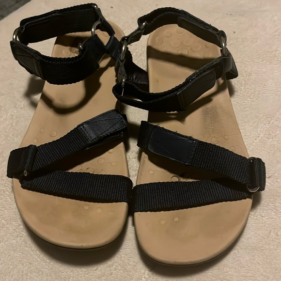 Vionic tri-strap velcro navy blue sandals.  Women’s flats, size 9. - Picture 1 of 3